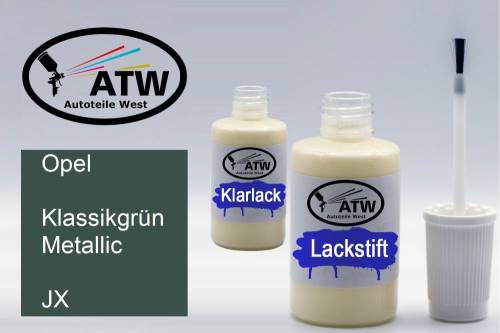 Opel, Klassikgrün Metallic, JX: 20ml Lackstift + 20ml Klarlack - Set, von ATW Autoteile West.